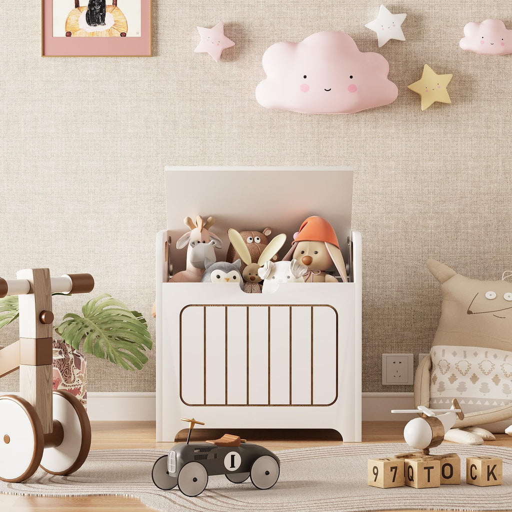 Kids Storage Chests & Trunks, White Toy Box, Small Cube Organizer, Wooden Storage Bin With Handle For Store Toy Books Clothes, Small Square Nightstand For Entryway,Bedroom