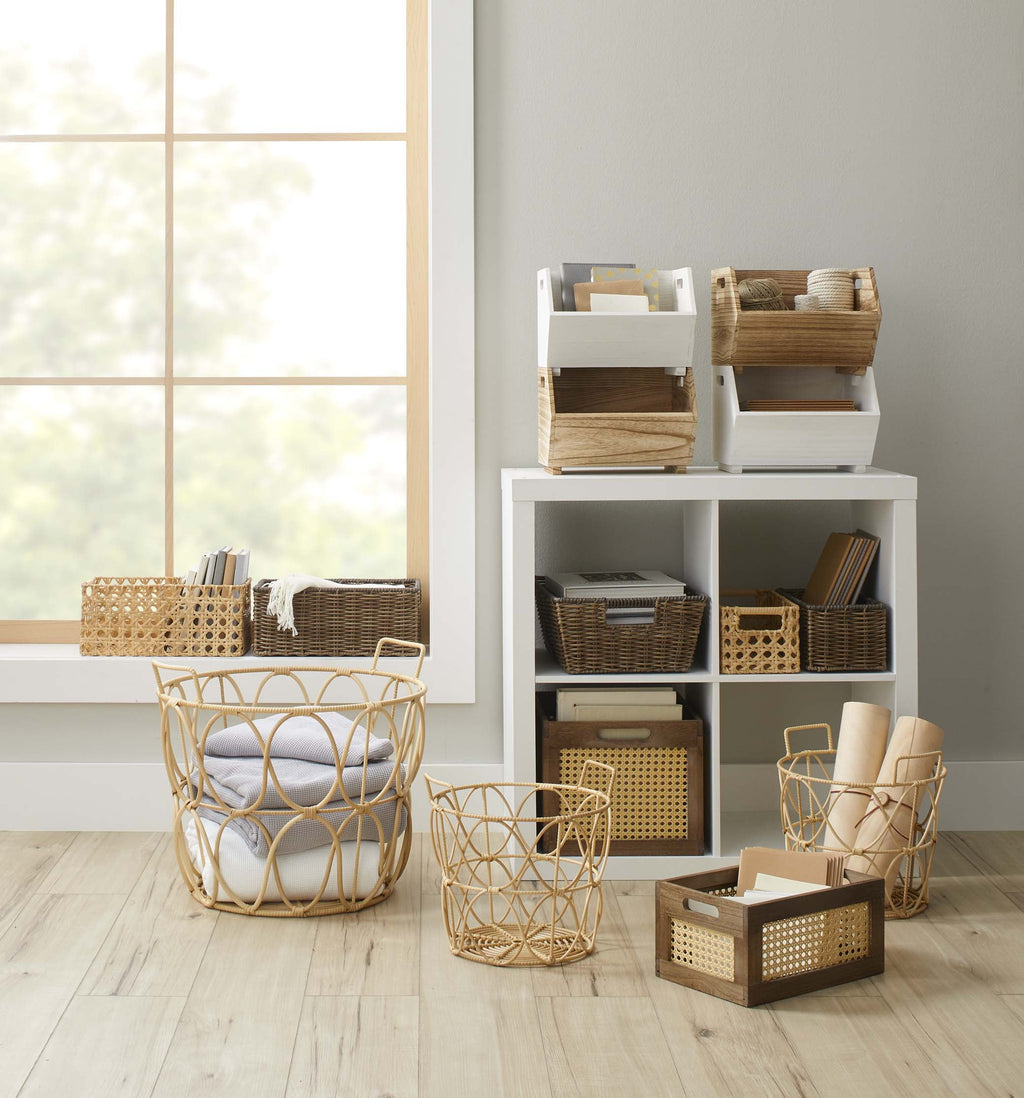 Better Homes & Gardens 2-Piece Set Natural Wood Stacking Open Front Decorative Storage Bins, 11 in x 16.5 in x 10 in