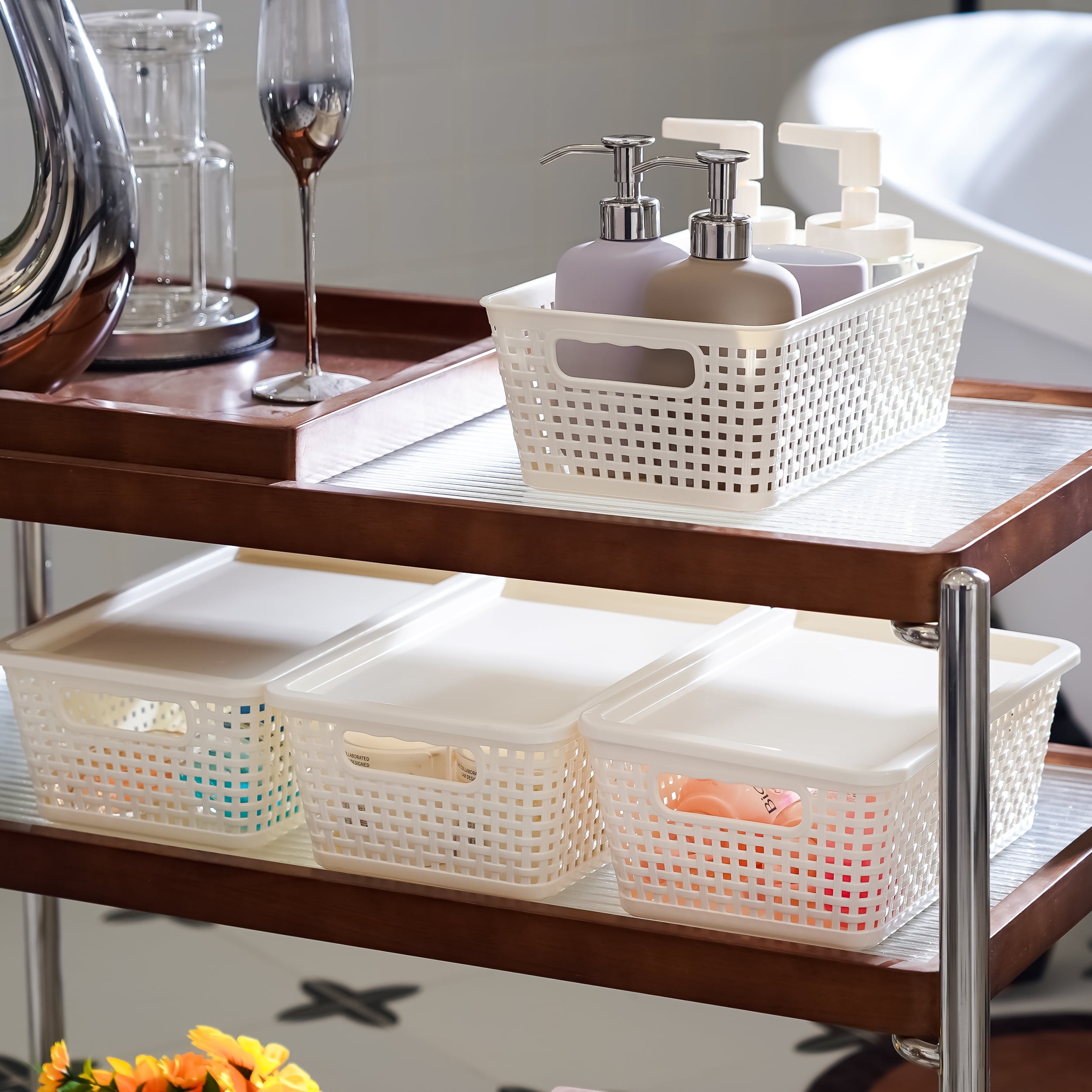 Small Plastic Storage Basket with Lid Handle White 7x10.9x4 in  6 Pack