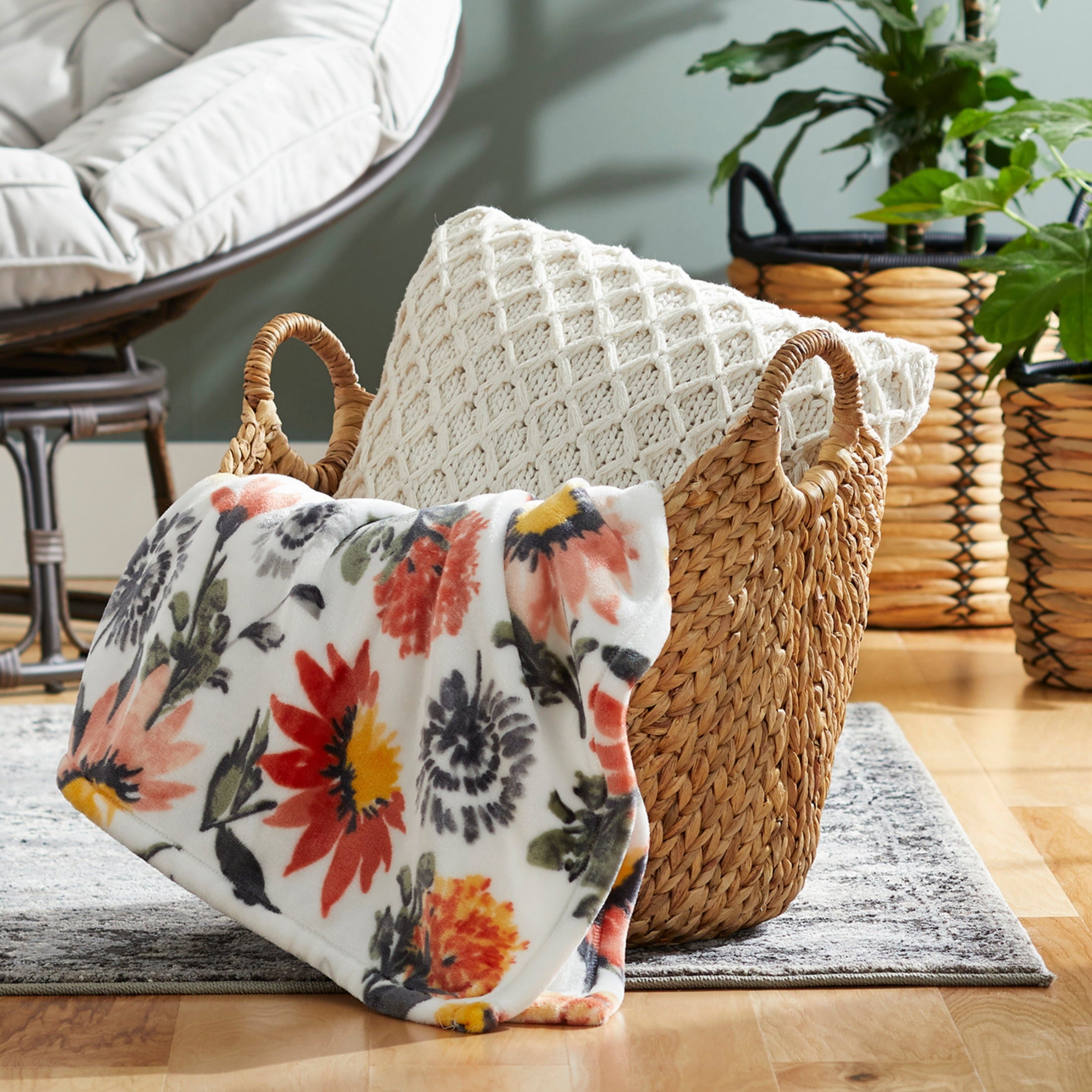 (2 pack) Better Homes & Gardens Extra Large Natural Woven Water Hyacinth Boat Decorative Storage Basket, 19 in x 17 in x 14 in