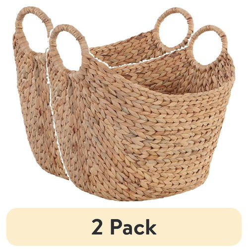 (2 pack) Better Homes & Gardens Extra Large Natural Woven Water Hyacinth Boat Decorative Storage Basket, 19 in x 17 in x 14 in