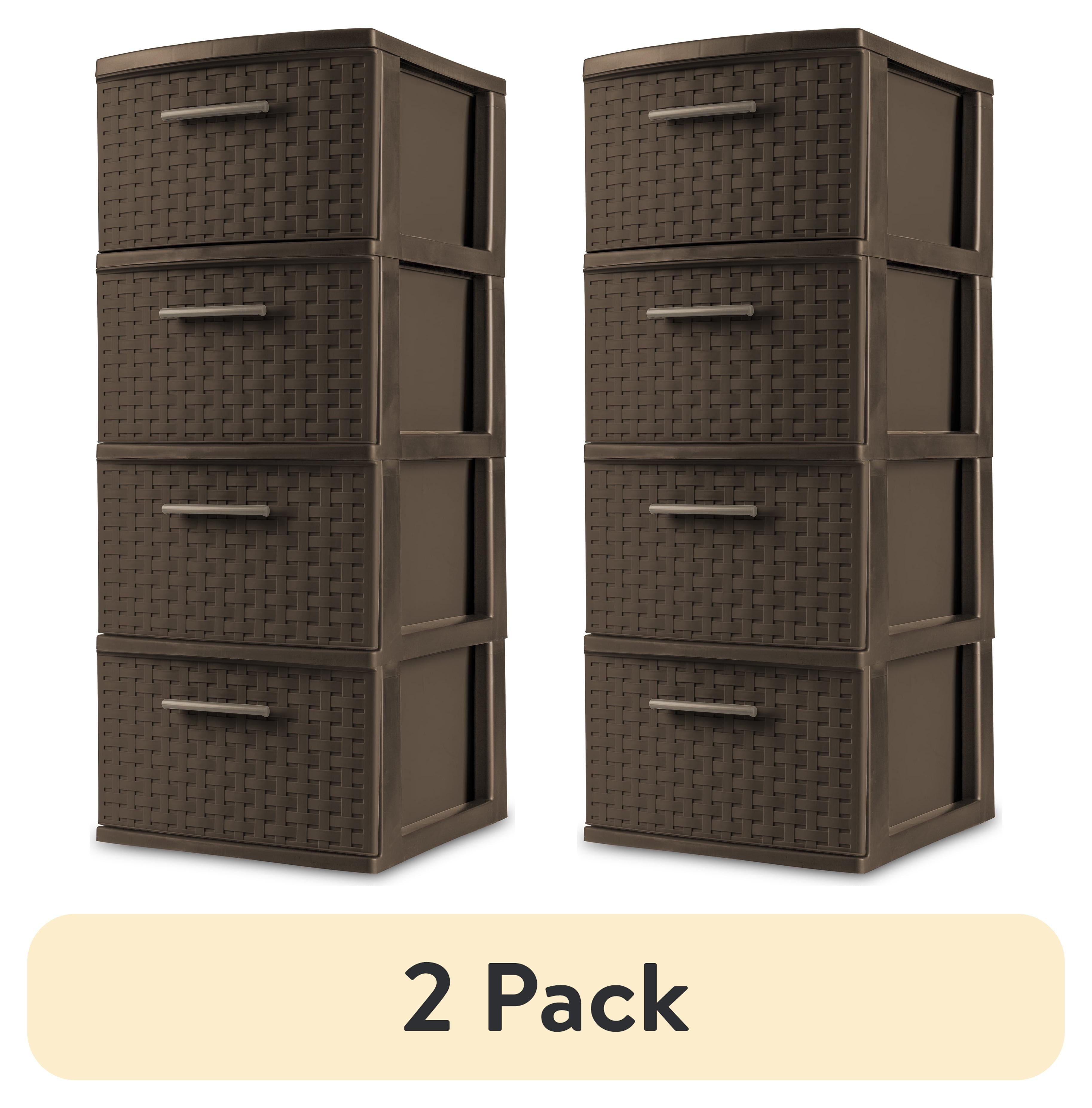 (2 pack) Sterilite 4 Drawer Weave Tower, Plastic Décor Drawers with Pull Handles, Brown