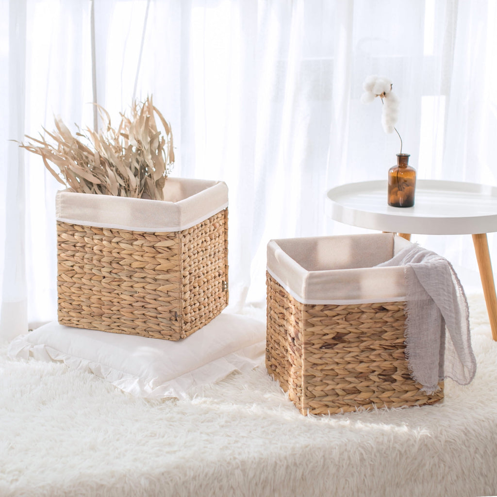 StorageWorks Water Hyacinth Storage Basket With Liner, Natural Wicker Woven Baskets, Handmade, 2-Pack, Large, 11.8"x 11.8 "x 11.8"