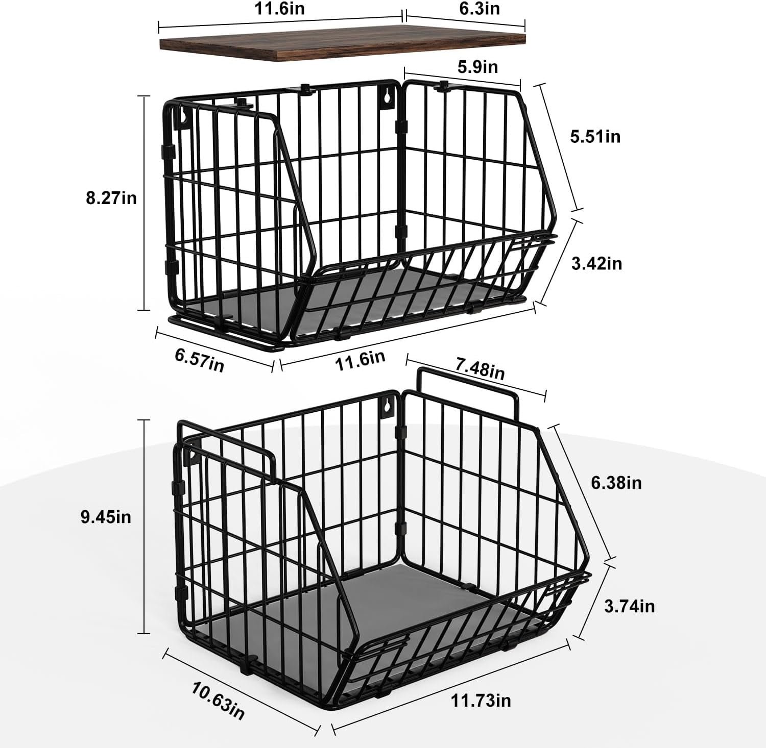 Wetheny 2 Tier Stackable Wall Mounted Wire Basket Fruit Basket with Wood Lid - Kitchen Pantry Organization and Storage, Hanging Storage Basket for fruits, Onion, Potato, Produce, Vegetable (Black)
