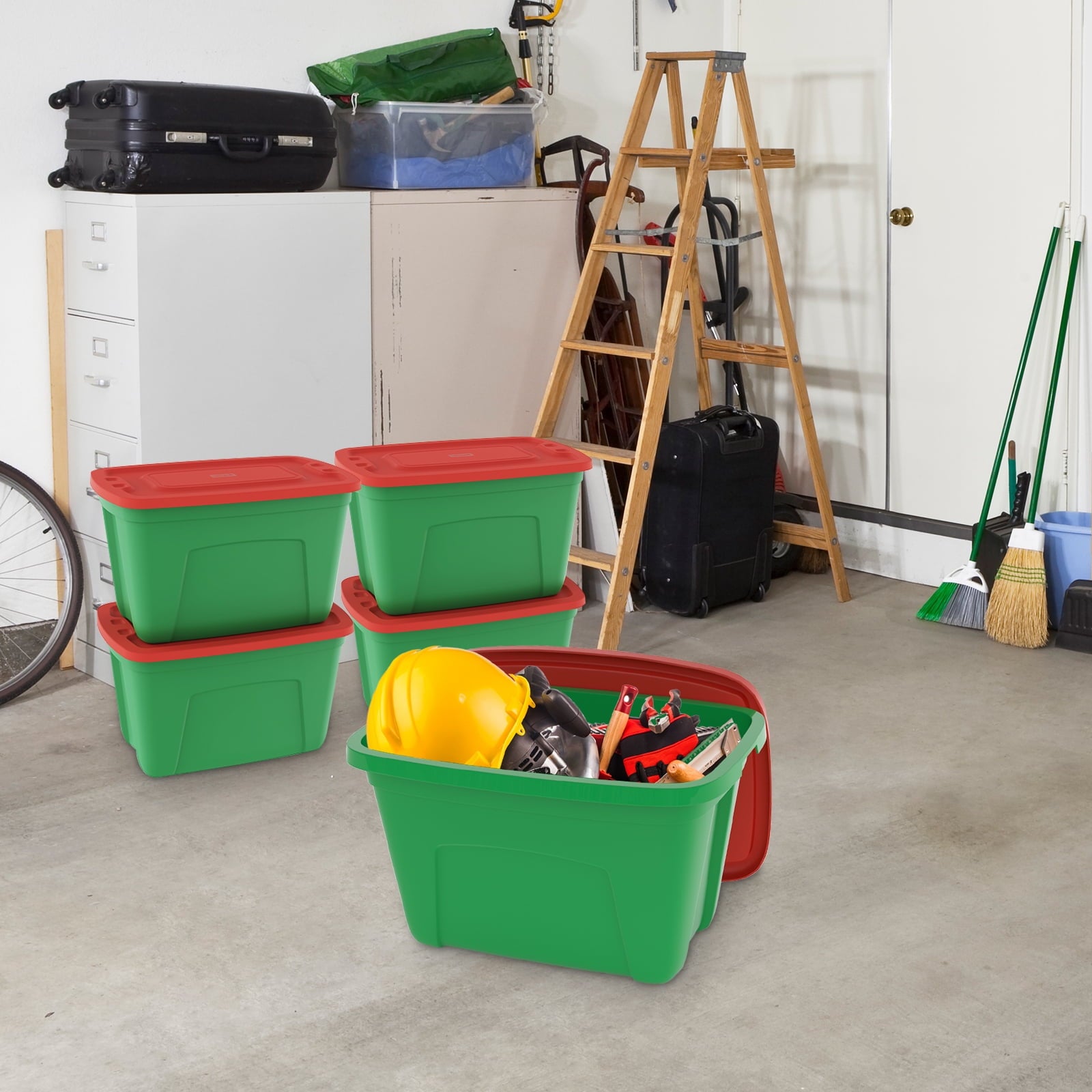 SimplyKleen 4 Pack 18 Gallon Christmas Storage Bins with Lids, Stackable Totes, Plastic Storage Containers, Garage Organization, 18-Gallon (72-Quart) - Green/Red