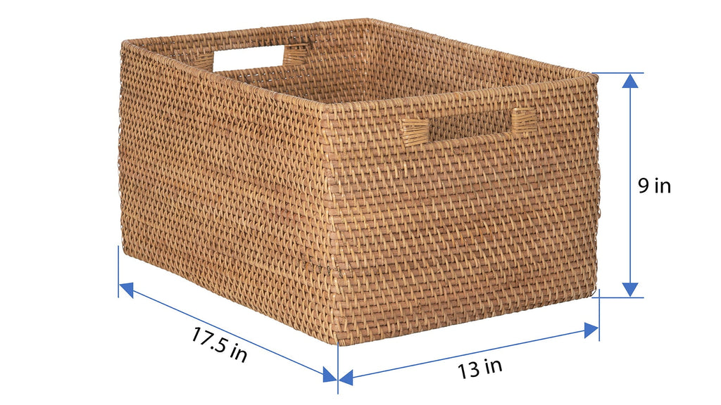 Kouboo Loma Rectangular Decorative Rattan Storage Basket With Handles, Coastal-Inspired Handwoven, Home Organization, Honey Brown