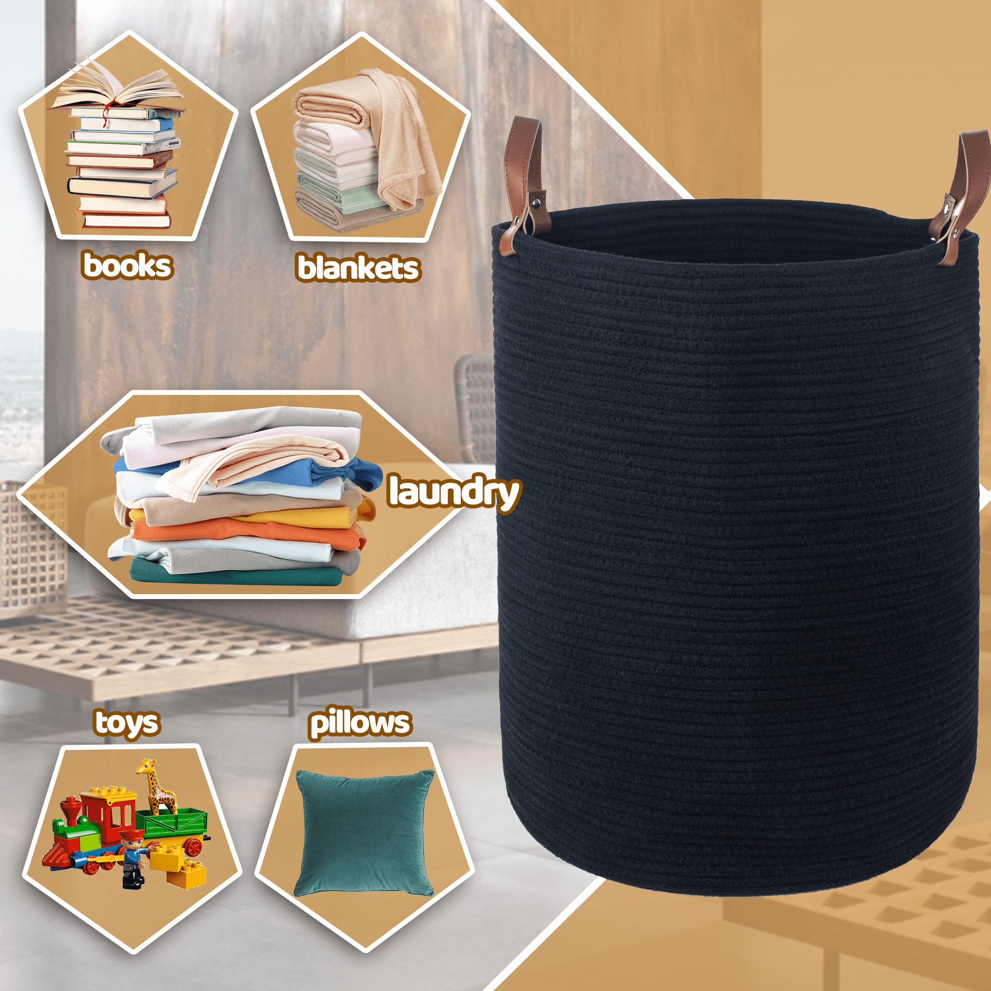 Caroeas XXXL Extra Large Rope Basket, 16''x20'' Woven Storage Basket with Leather Handles, Blanket Basket for Living Room, Tall Nursery Basket, Storage Organizer, Black