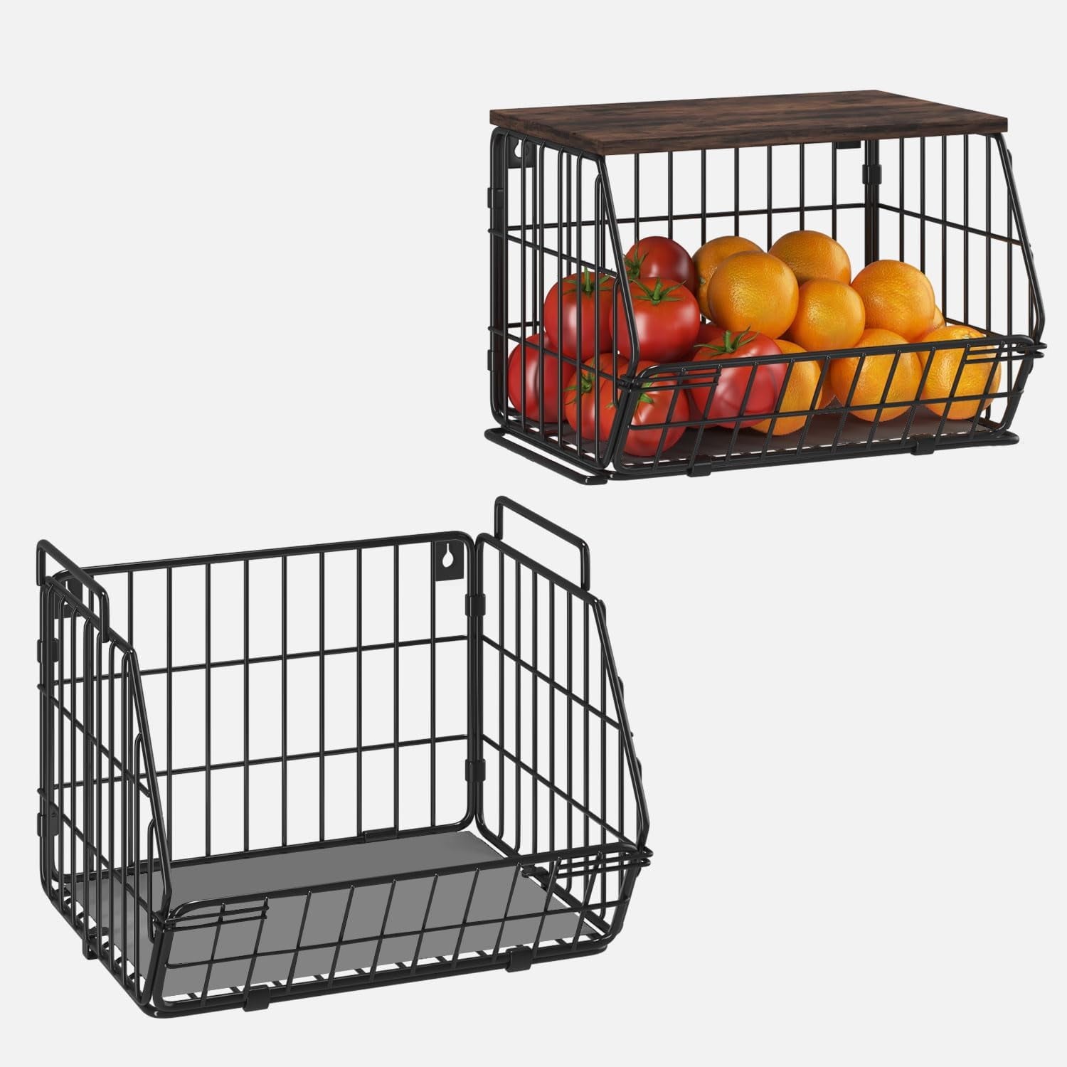 Wetheny 2 Tier Stackable Wall Mounted Wire Basket Fruit Basket with Wood Lid - Kitchen Pantry Organization and Storage, Hanging Storage Basket for fruits, Onion, Potato, Produce, Vegetable (Black)