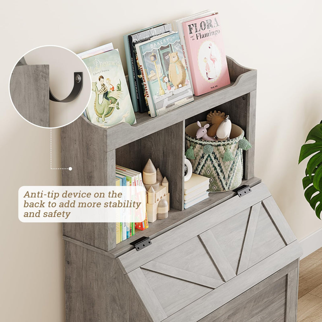 AOILE Kids Toy Organizer and Bookshelf with Flip-Top Chest, Wooden Storage Cabinet with 2-Cubby & Bookshelf