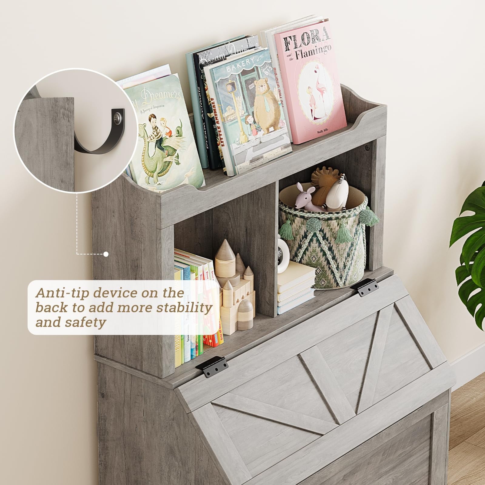 AOILE Kids Toy Organizer and Bookshelf with Flip-Top Chest, Wooden Storage Cabinet with 2-Cubby & Bookshelf