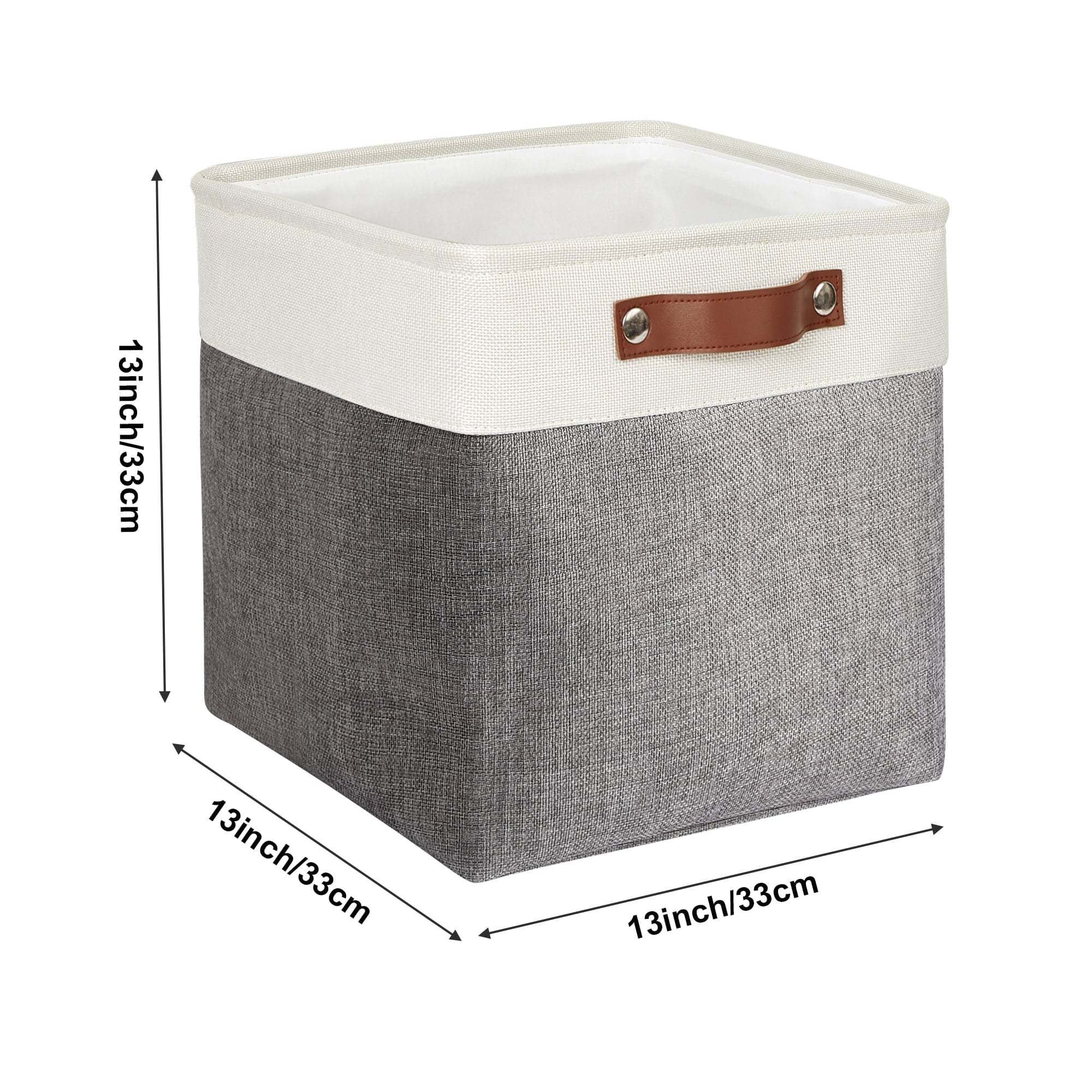Tegance 13x13 Storage Cubes Baskets 4 Pack Fabric Cube Storage Bins Large Storage Baskets with Leather Handles,Decorative Storage Boxes for Organizing Shelves(White&Gray)