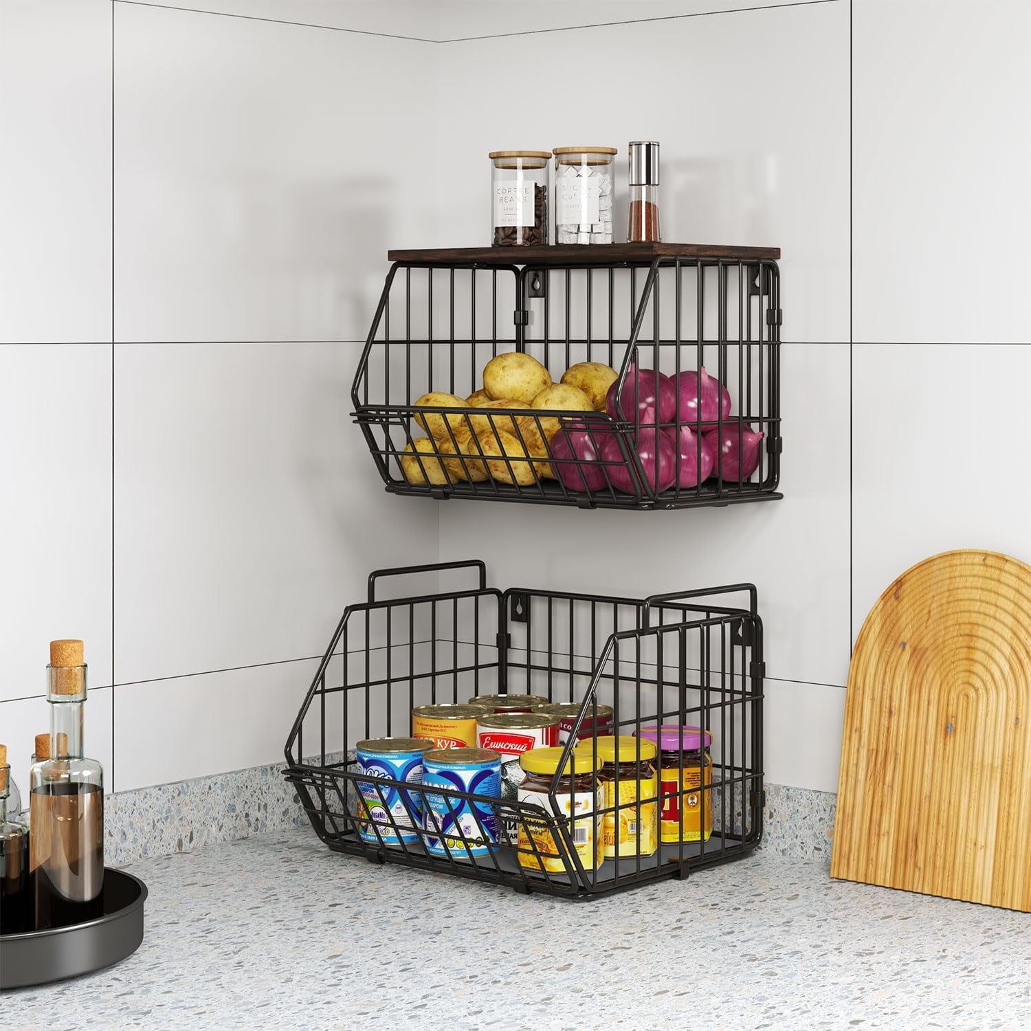 Wetheny 2 Tier Stackable Wall Mounted Wire Basket Fruit Basket with Wood Lid - Kitchen Pantry Organization and Storage, Hanging Storage Basket for fruits, Onion, Potato, Produce, Vegetable (Black)