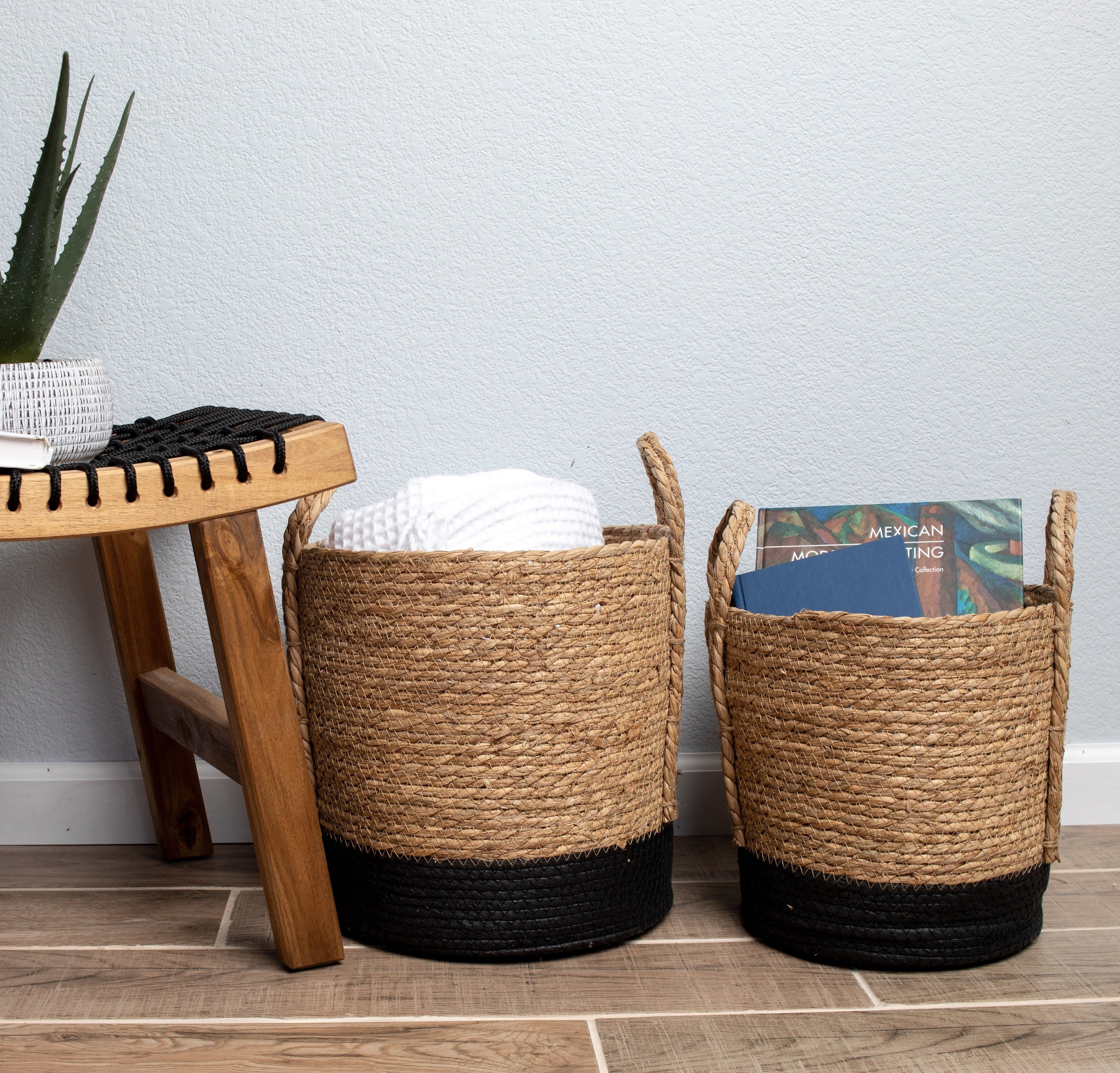 Better Homes & Gardens Round Seagrass Baskets, Natural, Black, Set of 2, Large & Medium