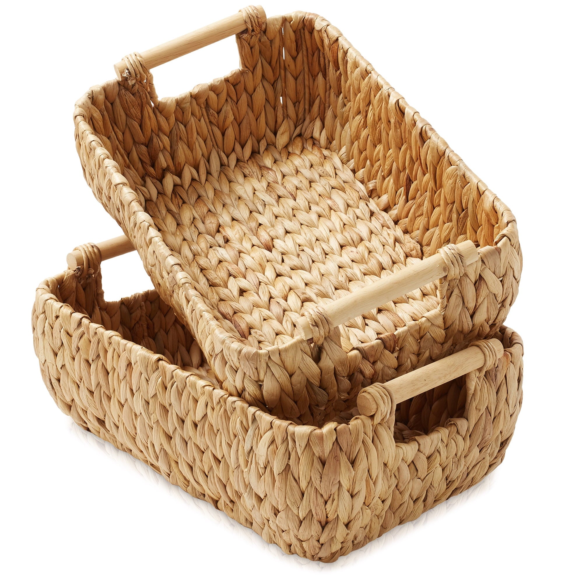 Casafield (Set of 2) Water Hyacinth Oval Storage Baskets with Wooden Handles - Large Woven Bin Organizers