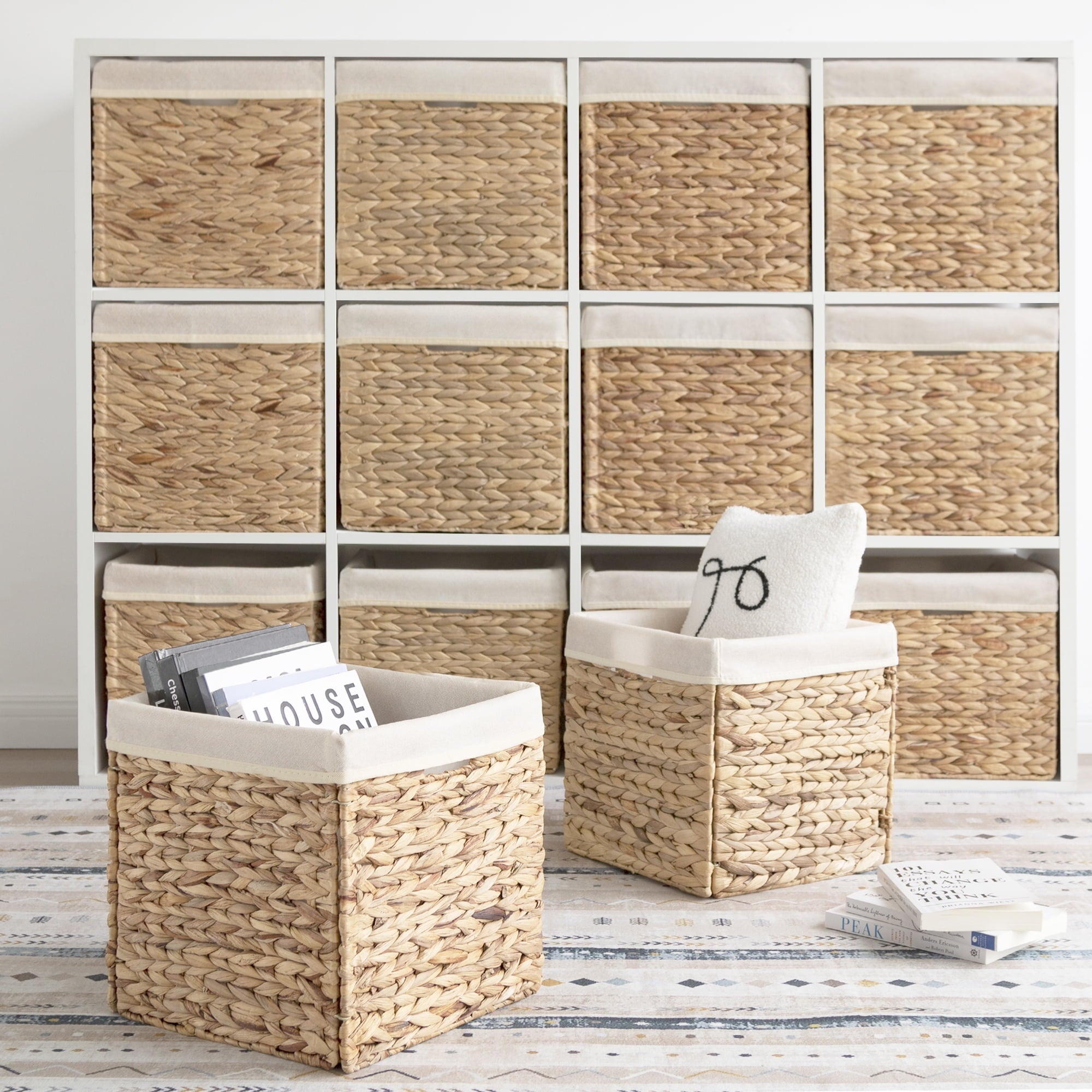 StorageWorks Water Hyacinth Storage Basket With Liner, Natural Wicker Woven Baskets, Handmade, 2-Pack, Large, 11.8"x 11.8 "x 11.8"