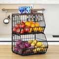 Wetheny 2 Tier Stackable Wall Mounted Wire Basket Fruit Basket with Wood Lid - Kitchen Pantry Organization and Storage, Hanging Storage Basket for fruits, Onion, Potato, Produce, Vegetable (Black)