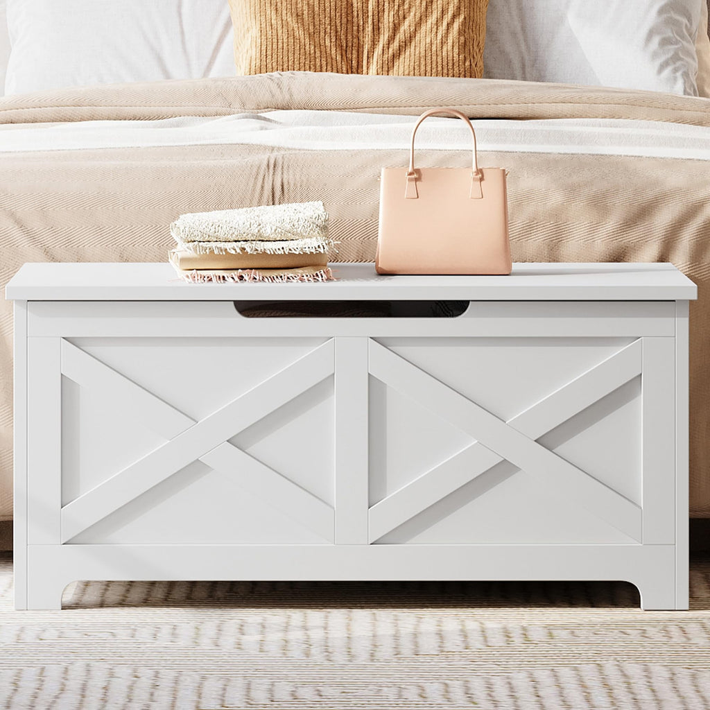 KOKEBREN 39.4"L Storage Chest, Wooden White Toy Storage Bench, Modern Style Lift-Top Toy Chest with Safety Hinge for Entryway, Bedroom, Living Room