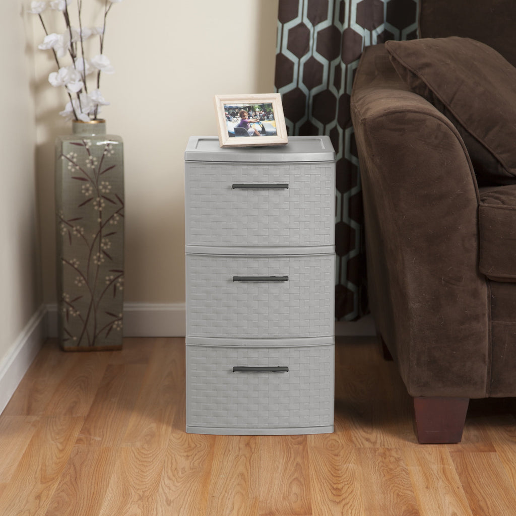 Sterilite 3 Drawer Weave Tower, Plastic Décor Drawers with Pull Handles, Light Gray, 2 Count