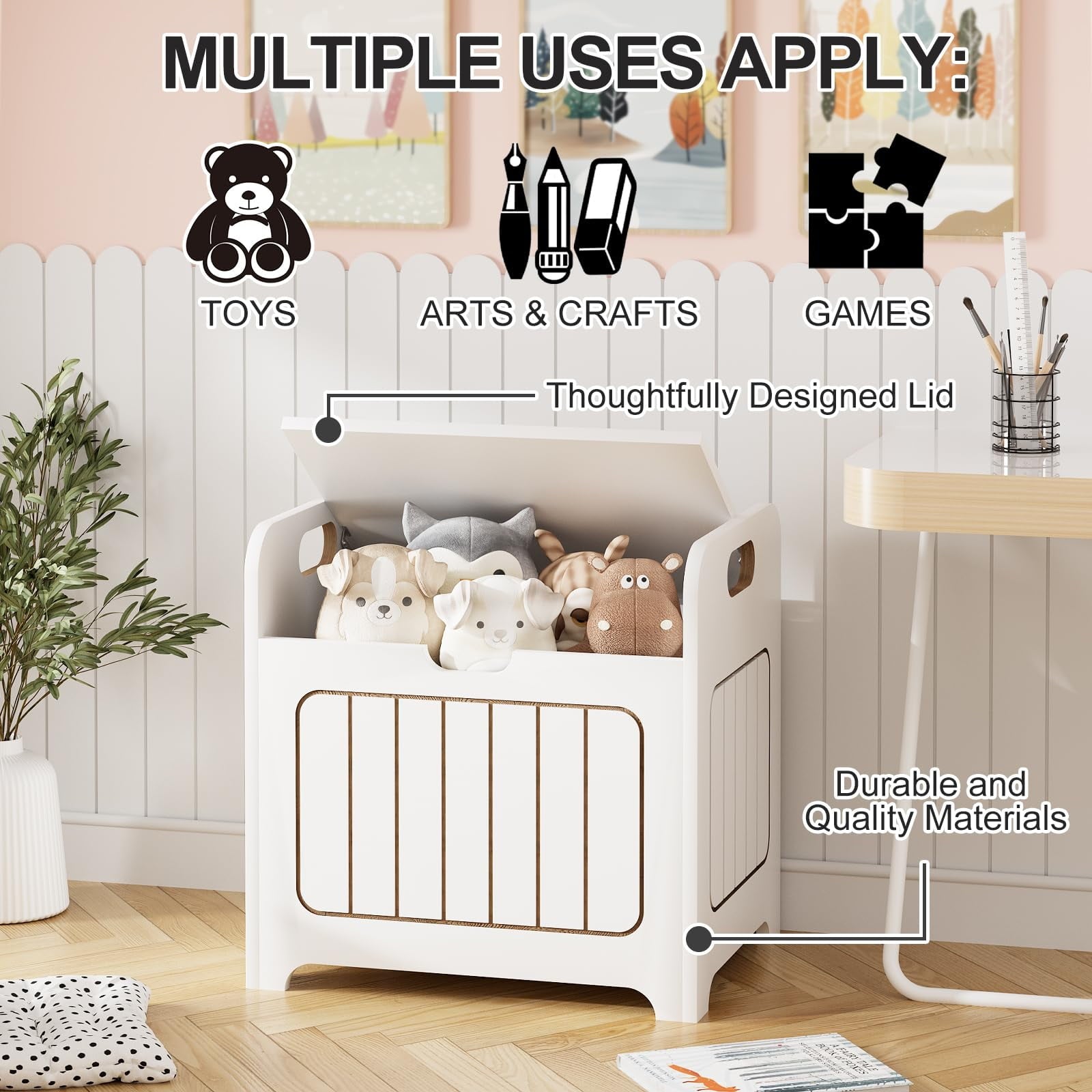 Kids Storage Chests & Trunks, White Toy Box, Small Cube Organizer, Wooden Storage Bin With Handle For Store Toy Books Clothes, Small Square Nightstand For Entryway,Bedroom