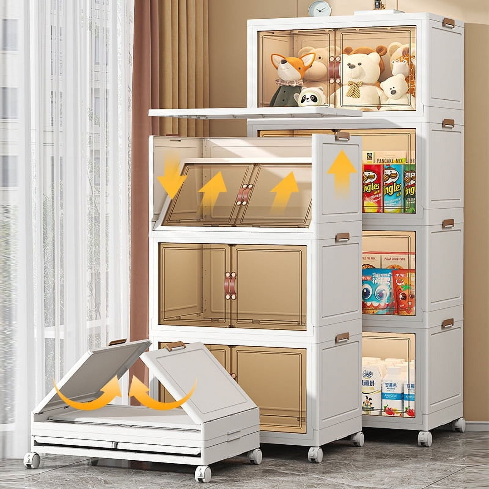 IRINNA 60QT Storage Bins with Lids - Folding Storage box with Doors and Wheels, Collapsible Plastic Storage Bins for Closets, Stackable Storage Organizer, Storage Containers for Closet, 3 Pack Cubes