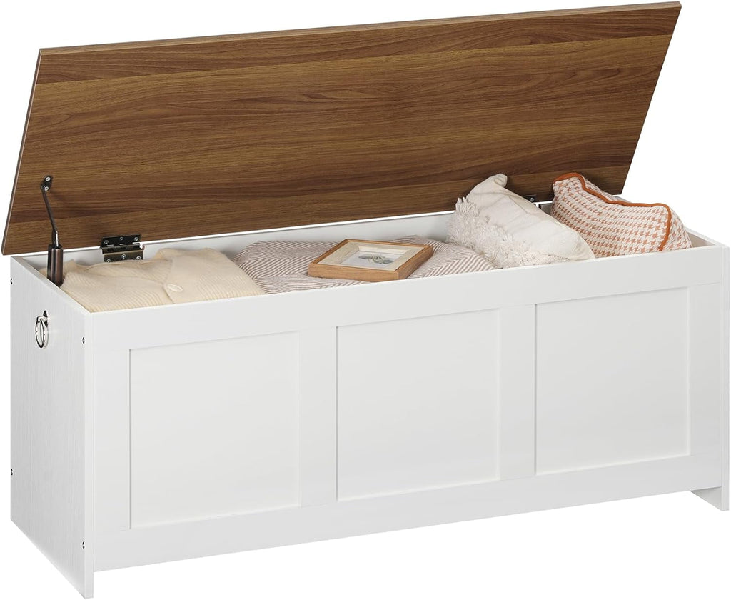 Storage Bench, 39.3" Retro Wooden Storage Chest, Wooden Storage Trunk, Toy Chest with Lift Top, Multifunctional Entryway Organizer, for Entryway, Living Room, White and Walnut