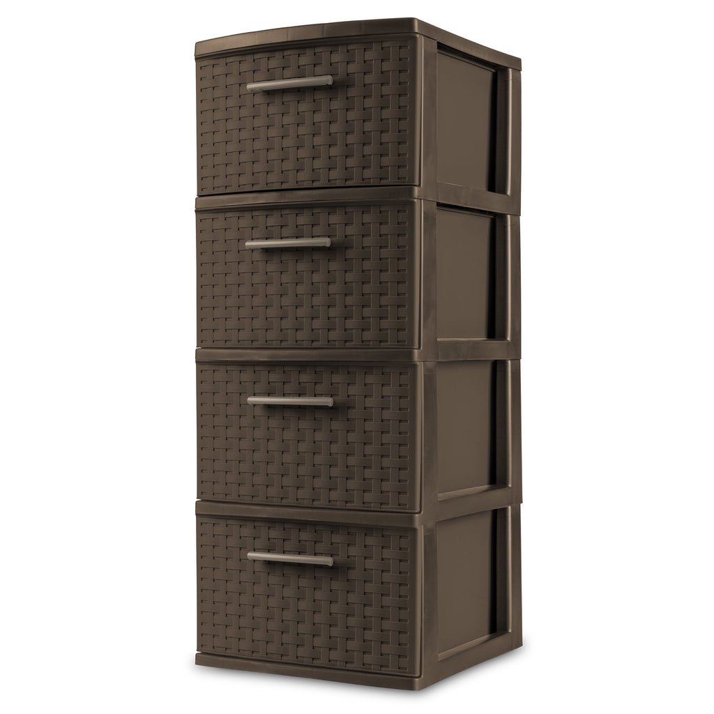 (2 pack) Sterilite 4 Drawer Weave Tower, Plastic Décor Drawers with Pull Handles, Brown