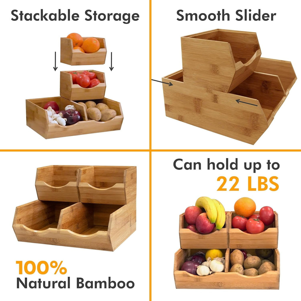 HOMESTEAD Bamboo Pantry Storage Bins - Stackable Baskets, Potato and Onion Storage for Pantry Organization, Set 3 Pieces