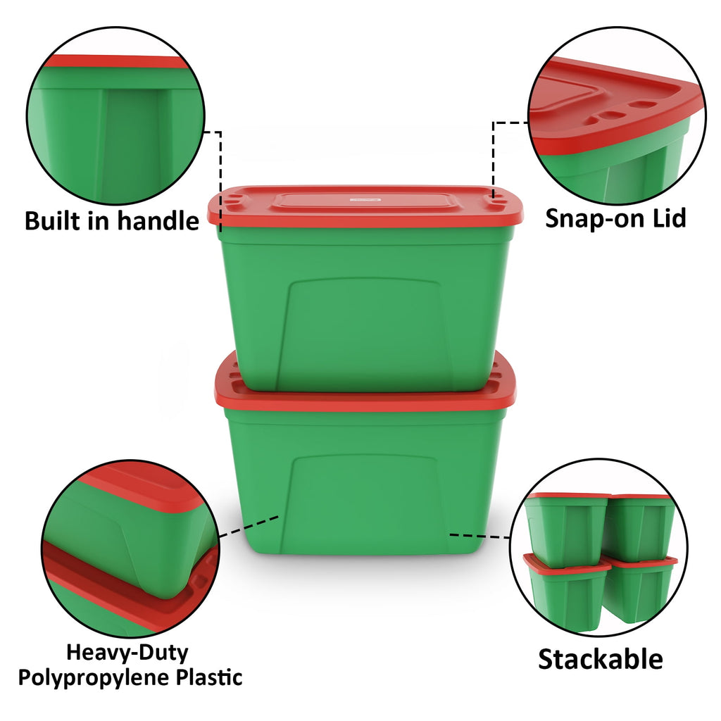 SimplyKleen 4 Pack 18 Gallon Christmas Storage Bins with Lids, Stackable Totes, Plastic Storage Containers, Garage Organization, 18-Gallon (72-Quart) - Green/Red
